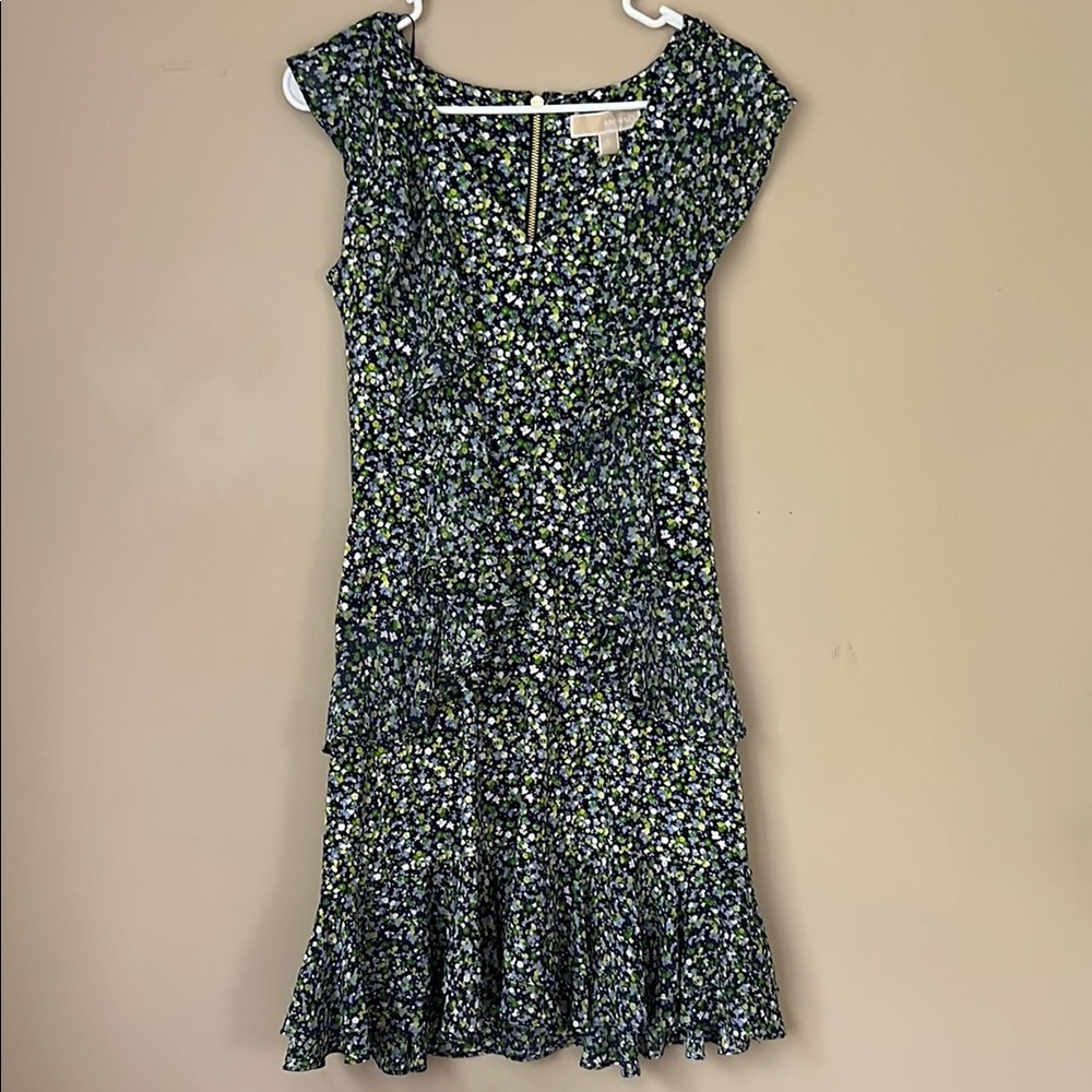 Michael Kors Green and Blue Sheath Midi Dress V-neck Flutter Sleeve